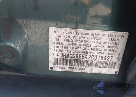 2002 Honda Accord 2.3 Lx из США, поврежденный, VIN JHMCG65542C016427